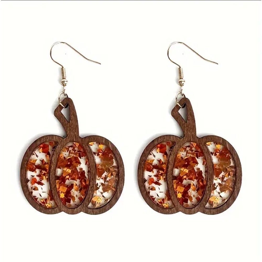 Wooden Pumpkin Drop Glitter Earrings